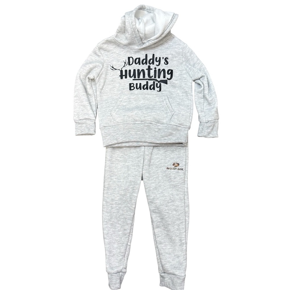 2T Mossy Oak  Boy Hoodie Set Daddy's Hunting Buddy Gray Sweatshirt & Joggers